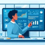 Person analyzing data on a large computer screen displaying charts, graphs, and analytics dashboards in a modern office setting.