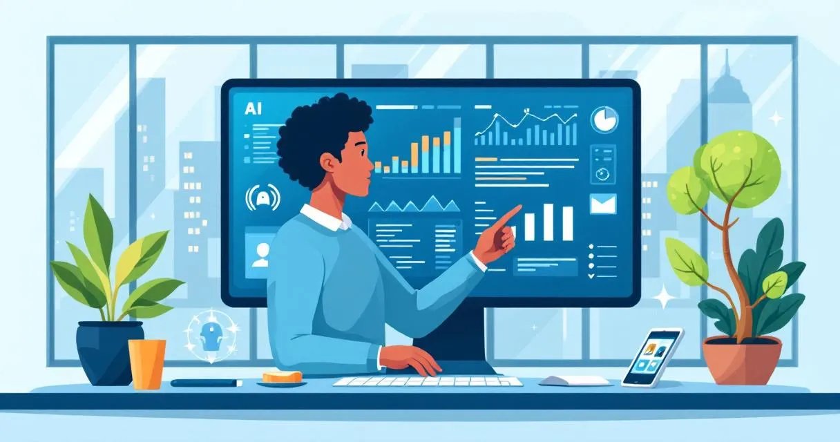 Person analyzing data on a large computer screen displaying charts, graphs, and analytics dashboards in a modern office setting.